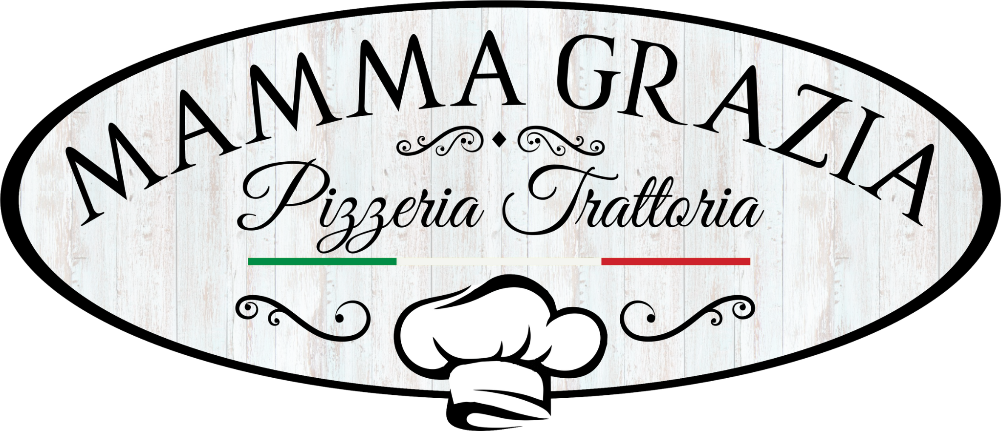 logo ovalado mamma grazia fondo madera vintage elementos decorativos pizzeria trattoria bandera italiana gorro chef cocinero